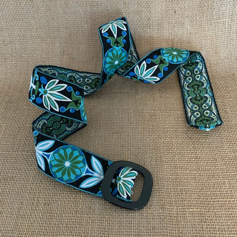 Reversible Adjustable Belt Floral Embroidery Black Blue White - Picture 4 of 5